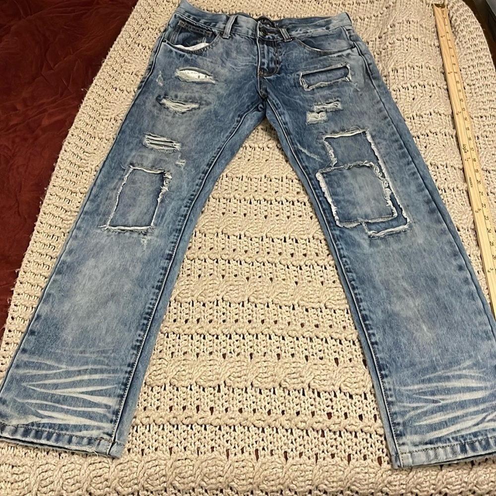 CJ Black Premium distressed Patchwork Slim Jeans Men’s Sz 28/30 Blue‎ Whiskered.